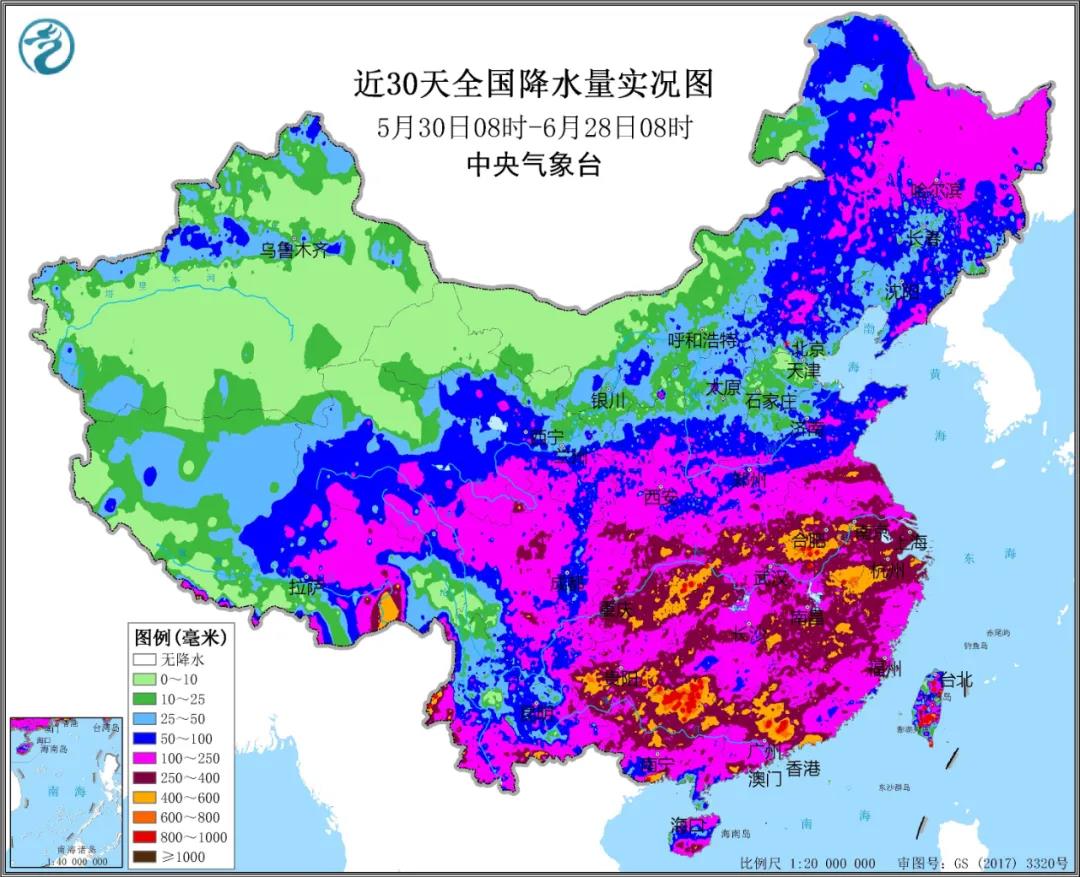 ▲圖為近30天全國降水實況圖。來源：中央氣象臺